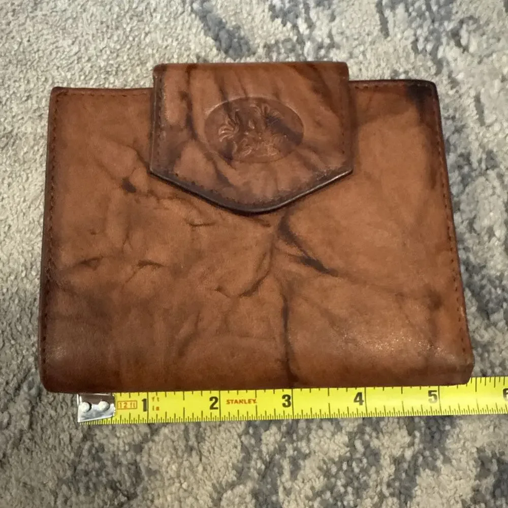Vintage 80s Buxton Brown Marbled 100% Leather Floral Embossed Bifold Wallet